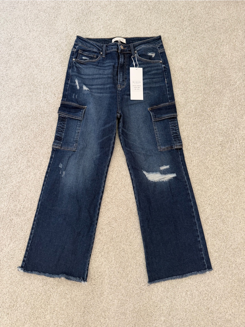 Risen Dark Indigo Cropped Cargo Jeans with Frayed Hem - Picture 7 of 7